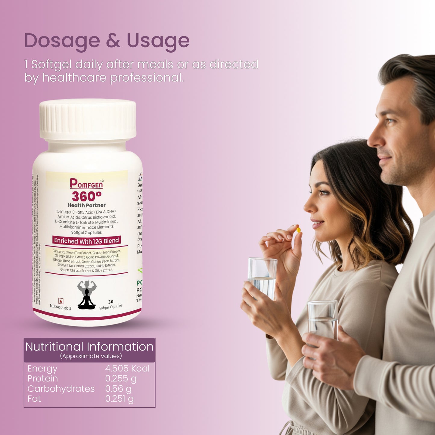 Pomgen 360° Health Partner | Daily Multivitamin with Omega-3, Ginseng & 12G Herbal Blend for Energy, Immunity & Focus