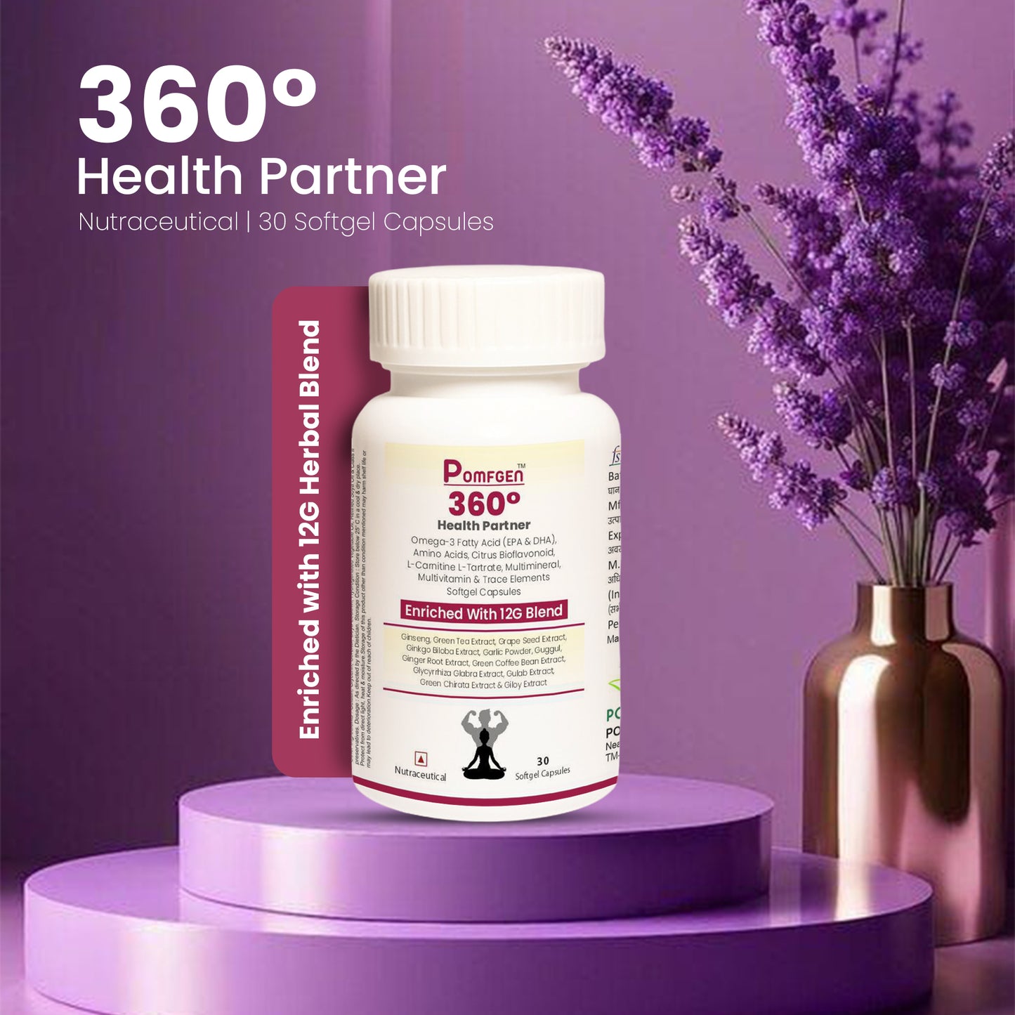 Pomgen 360° Health Partner | Daily Multivitamin with Omega-3, Ginseng & 12G Herbal Blend for Energy, Immunity & Focus