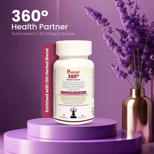 Pomgen 360° Health Partner | Daily Multivitamin with Omega-3, Ginseng & 12G Herbal Blend for Energy, Immunity & Focus