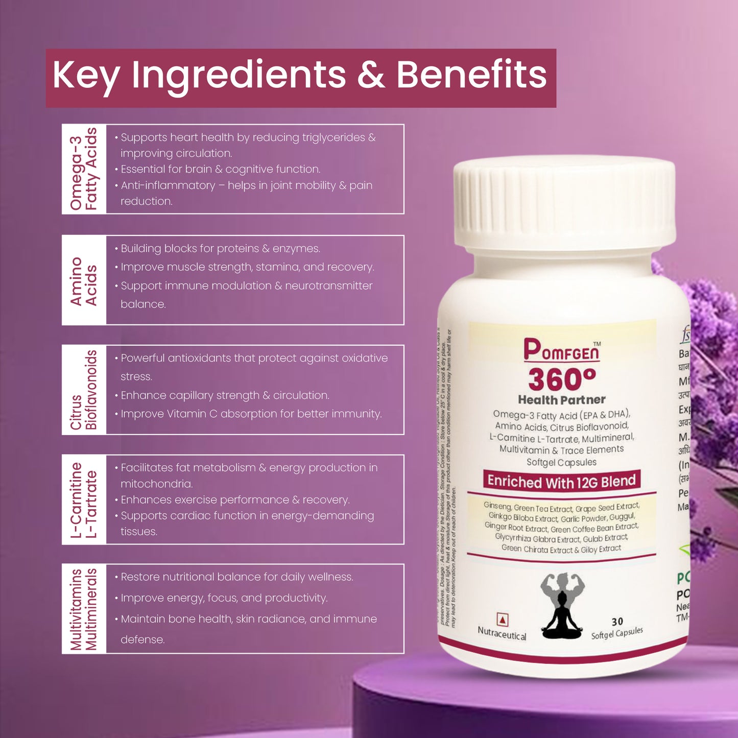 Pomgen 360° Health Partner | Daily Multivitamin with Omega-3, Ginseng & 12G Herbal Blend for Energy, Immunity & Focus