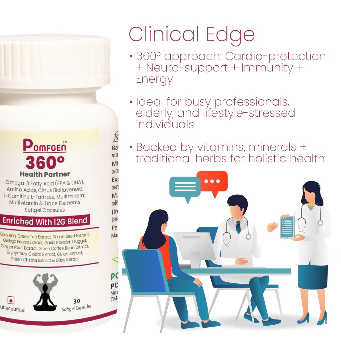 Pomgen 360° Health Partner | Daily Multivitamin with Omega-3, Ginseng & 12G Herbal Blend for Energy, Immunity & Focus